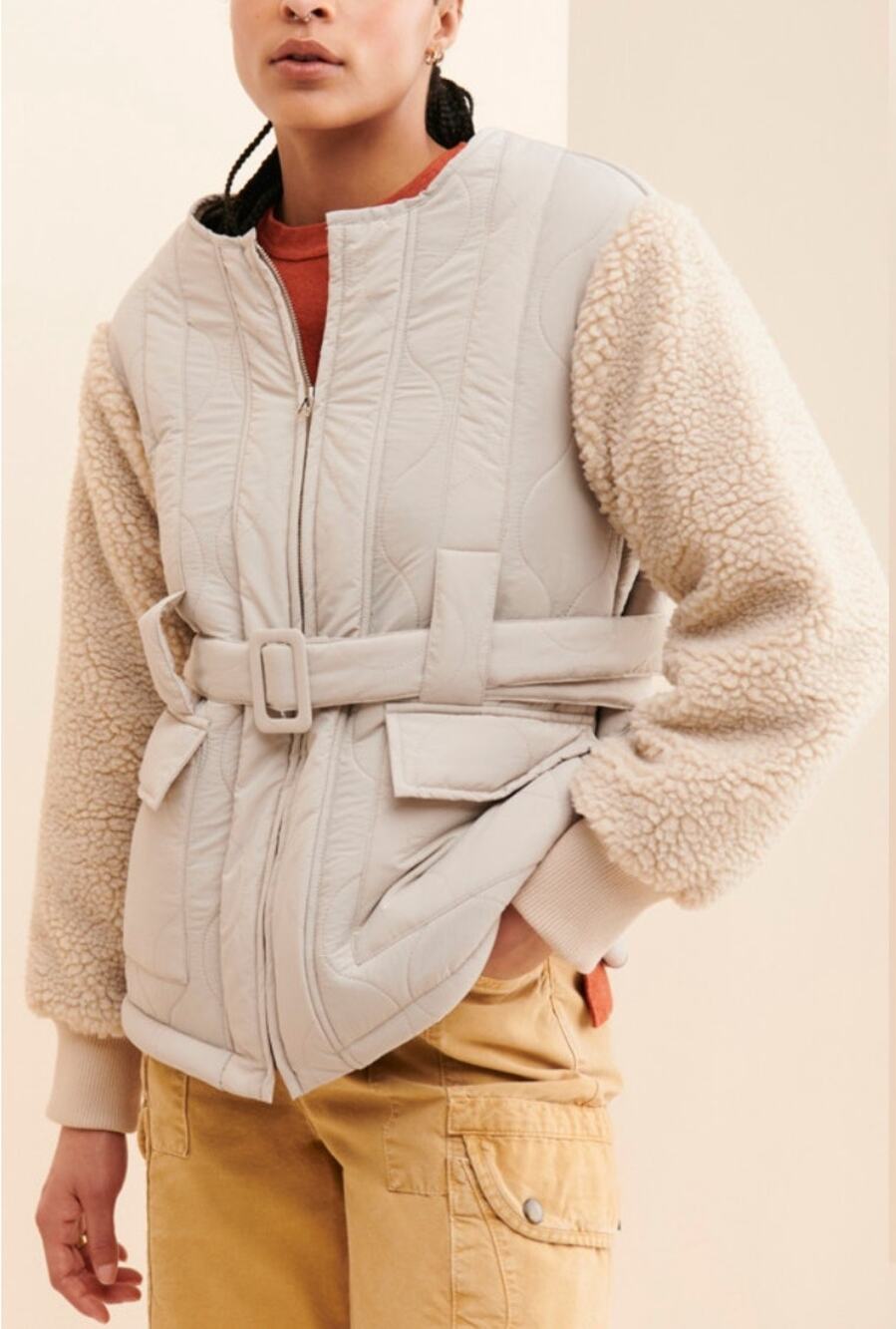 Line + Dot Milan Padded Sherpa Jacket Neutral/Cream Medium NWT Urban Outfitters